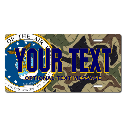 Personalized Air Force Seal / Woodland Camo Background License Plate for Bicycles, Kid's Bikes, Cart